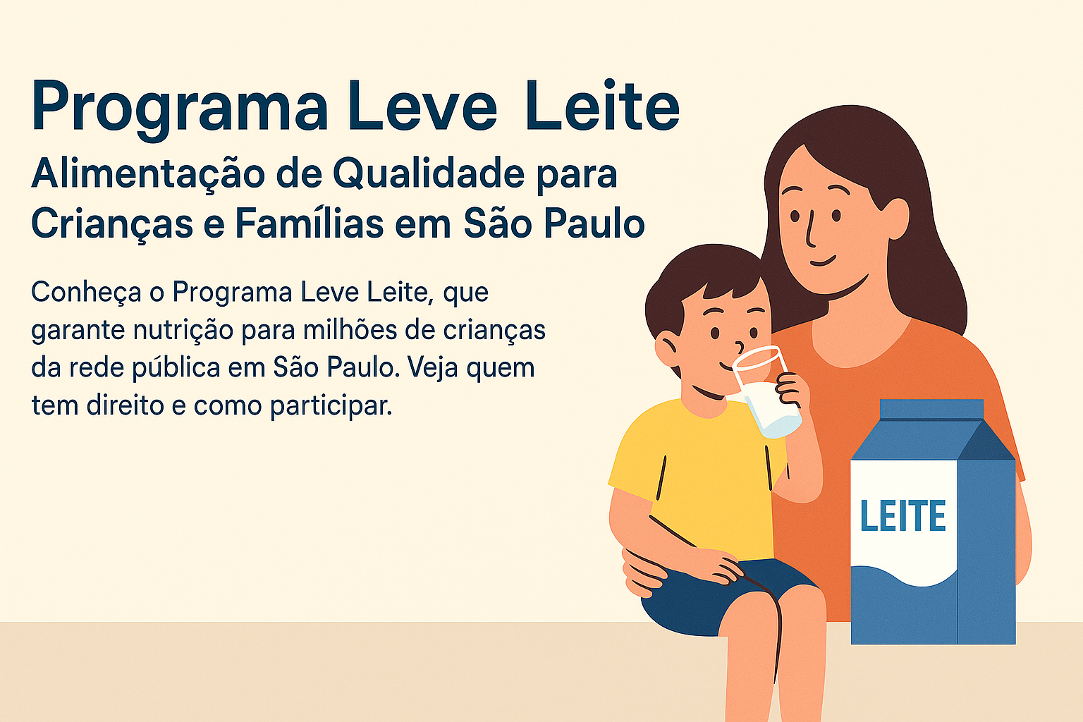Ilustração de uma mãe com seu filho pequeno tomando leite, ao lado de uma caixa azul com a palavra "LEITE" escrita, acompanhados do texto sobre o Programa Leve Leite em fundo bege.
