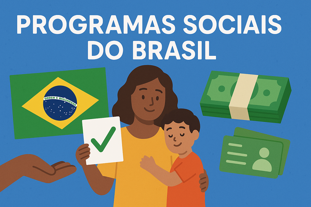 Ilustração de mãe com filho, bandeira do Brasil e símbolos de benefícios sociais